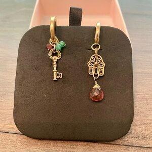 GOLD plated mismatched hamsa hand and key hoops